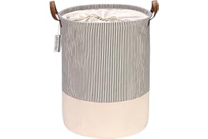 Sea Team Kosz na pranie ze wzorem w paski, płócienny, składany kosz do przechowywania z uchwytami ze skóry PU i zamknięciem na sznurek, 45 x 35 cm, wodoodporne wnętrze, granatowy