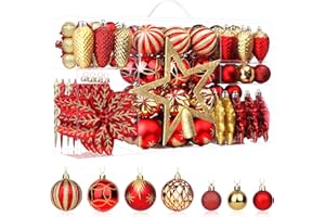 SHareconn 2025 Nuevo Juego de 106 Adornos Navideños, Adornos Decorativos de Plástico Inastillables para Decoración del Árbol de Navidad, Rojo rubí Y Oro