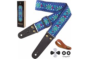 Nefelibata Guitar Strap, Cotton Vintage Embroidered Guitar Straps with Genuine Leather Ends for Bass, Electric, Acoustic Guitars, Free Strap Button, Strap Locks and Guitar Picks