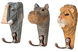 YOUR CASTLE Ganchos de pared con cabezas de animales de la Familia Safari - juego de 3 piezas de madera con 2 garras cada uno, de hipopótamo, león y elefante, 12 x 7 cm