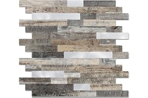 Yipscazo Peel and Stick Wood Metal Tile Backsplash, Stick on Tiles for Backsplash Kitchen, Bathroom, Laundry Room, Camper, Fireplace (12" X 12",10 Sheets in Light Wood Metal)