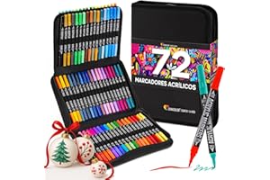 Zenacolor Rotuladores Acrilicos con Doble Punta (Punta Fina y Pincel) - 72 Colores de Acrylic Markers para Distintas Superficies - Marcadores Acrílicos para Pintar Estuche Incluido