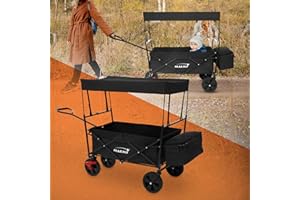 Hauki Bollerwagen faltbar mit Dach, Schwarz, Handwagen klappbar, Transportwagen für Kinder, Gerätewagen inkl. 2x Netztaschen und 1x Außentasche, Vorderrad-Bremse, bis 80 kg, Transportkarre Kinderwagen