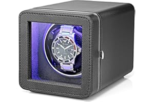 Vlando Automatik Uhrenbeweger 1 uhr mit Japanischem Leisen Motoren, Quadratische Watch Winder, Uhrendreher mit 4 Rotationsmodi, LED-Licht und Typ-C-Adapter, Luxuriöser Leder mit Mesh-Textur