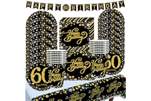 GOLDNICE Piatti 60 Anni Compleanno Uomo Donna, Stoviglie Set Festa Piatti di Carta e Bicchieri Oro Nero con Tovaglioli, Tovaglia, Striscione Buon Compleanno 60 anni, per Matrimoni Anniversari Laurea, 16 Ospiti