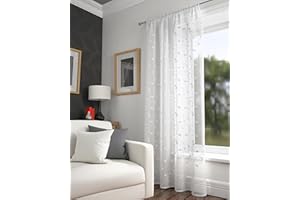Ians Emporium One Single Harrogate Embroidered Leaf Design Voile Slot Top Curtain Panel - WHITE - 55" W x 72" L - Curtains At Home