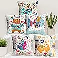 Story@Home Cushion Cover Boho Set of 5 Cartoon Digital Printed Decorative Pillow Cushion Covers - 16 in x 16 inch, Polyester, 180 TC, Multicolor