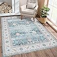 RUGSREAL Vintage Retro Accent Distressed Non Slip Foldable Chenille Thin Rug for Dining Room Indoor Kids Playroom, 3'x5', Blue