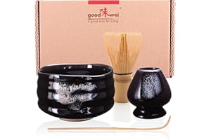 Goodwei Ensemble à Thé Matcha Premium - Bol de cérémonie, Fouet et Support (Burashi, 80), Céramique, 430 ml