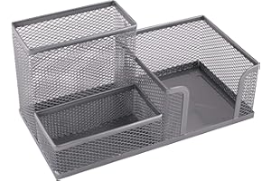 Leviatan Organiseur de Bureau | Organiseur de Bureau en Métal | Porte-Stylo pour Bureau | Organiseur de Bureau avec Porte-Notes en Maille | 205 x 103 x 98 mm | Argent