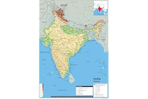 TIGER MOON Carte physique de l'Inde - Papier plastifié (A2 Taille 42 x 59,4 cm)