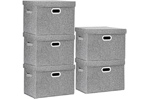 TYEERS Large Storage Box with Lid, Collapsible, Washable, Fabric Storage Box for Clothes, Wardrobe Storage, 44x30x29 cm, Set of 5, Grey