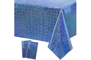 GRESATEK 2PCS Iridescent Party Tablecloth,Blue Laser Table Cover Plastic Holographic Foil Table Cloth Blue for Outdoor Picnic Birthday Baby Shower Wedding Party Decorations 137 x 274cm