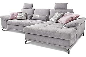 ‎CAVADORE Cavadore Ecksofa Castiel mit Federkern / Großes Sofa in L-Form mit Sitztiefenverstellung, Kopfstützen und XL-Longchair / 312 x 114 x 173 / Webstoff, Hellgrau