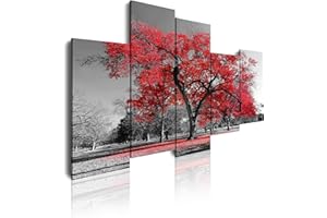 DekoArte 16 - Quadri moderni Stampa di Immagini Artistica Digitalizzata | Tela Decorativa Per Soggiorno o Stanza da letto | Stile Paesaggio Alberi Rossi Natura | 5 Pezzi 150 x 95 cm