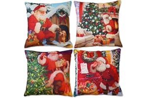 QIFU Christmas Cushion Covers Set Of 4 Linen Christmas Pillow Cases, 45 x 45cm Xmas Cushion Covers, Home Decor Pillow Cover, Red Vintage Christmas Decorations For Sofa Bedroom Cushions With Covers Indoors