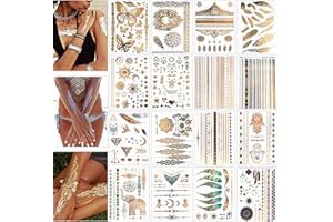 Tatoo Temporaire Doré été, LUZOON 16 Feuilles Tatouages Autocollant Doré Temporaires Tattoos Étanche Faux Tatouages Motifs Classique Variés pour Plage, Festival de Musique et Fête
