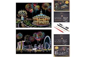 ‎SIYEAR SiYear Scratch Paper Regenbogen Malerei Skizze, City Series Night Scene, Scratch Painting kreative Geschenk, Scratchboard Kunst für Erwachsene und Kinder, mit 4 Tools (Vergnügungspark + Singapur)