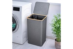 Björn&Schiller Cesto para la colada con 2 compartimentos con tapa, 100 L, gris, estrecho y alto, 2 compartimentos, puff con tapa, cesta para la colada con compartimentos, bolsillos interiores