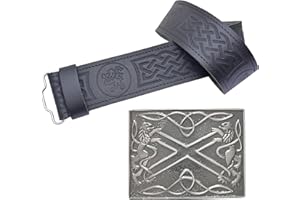 KILT MANIA Highland Saltire Kilt Belt and Buckle Set, Celtic Buckles Pewter Crafted Scottish Lion Rampant Embossed Black Leather, Kilt Belts for Men - Traditional kilt Accessory