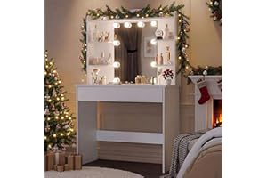 Blisswood White Dressing Table With Led Light & Mirror, Adjustable Brightness & Colour - Make Up Vanity Desk With 1 Large Drawer & Storage Shelves, Modern Make Up Table For Bedroom Furniture