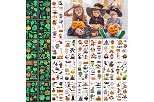 FLYFTREY 30 Hojas Tatuajes Temporales Niños Set de Halloween, 20 hojas Tatuajes de Dibujos Animados y 10 hojas Tatuajes que Brillan la Oscuridad, Accesorios de Decoración Halloween, Suministros Para Fiestas