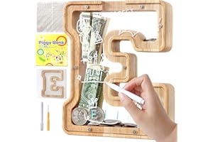 Mikytoper Letter Money Box for Kids Wooden Personalized A-Z Alphabet Piggy Bank Clear Money Bank Coin Bank for Gift Decoration Baptism (E)