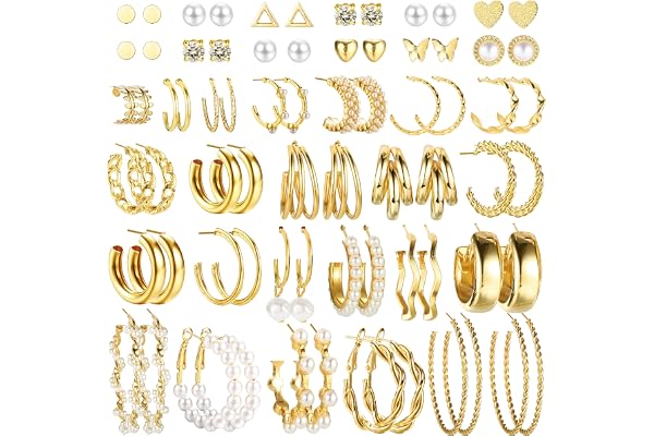 CASSIECA 38 Paires Boucles d'oreilles Creoles Pendantes Fantaisie Mode pour Femmes Clou Boucles d'oreilles Bohème Goutte Acrylique Perle Feuille Fête d'anniversaire Bijoux Cadeau