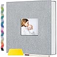 Popotop Photo Album Self Adhesive with Picture Display Window,40 Pages DIY Baby Memory Book for 4x6 8x10 Picture,Linen Cover Scrapbook for Wedding,with Scraper and Metallic Pen