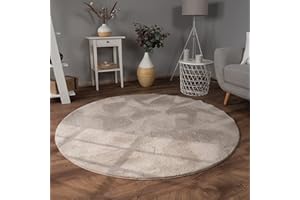 Paco Home Living Room Rug, Faux Fur, Soft, Washable, Modern, Elegant, Easy-Care, Fur Look, Plain, Silky Gloss, Fluffy, Short Pile, Size: 120 cm Round, Colour: Beige