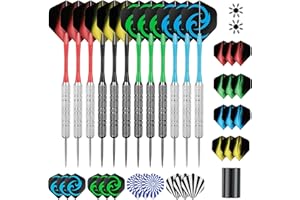CareGames Dardos Punta de Acero 12 Piezas de 18 Gramos con 12 Ejes de nylon,24 Plumas 8 Patrones ect,Perfecto para familia fiesta y Navidad regalo