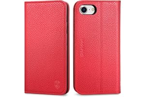 Shieldon Etui do iPhone SE 2022 5G, etui do iPhone SE 2020, etui portfelowe ochronne etui TPU z prawdziwej skóry Funkcja stojaka do przechowywania kart do iPhone SE3/SE2/8/7 - czerwone liczi