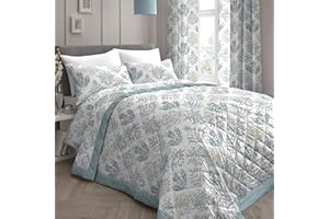 Dreams & Drapes - Duck Egg Floral Fern Bedspread (230cm X 195cm) - Reversible Design - Botanical Leaf Quilted Bedspreads in Duck Egg - Floral Blanket/Bed Cover for Bed - Matching Duvet Cover Available