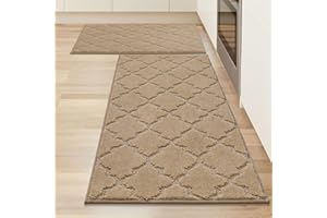 COSY HOMEER COSY HOMMER Nonslip Kitchen Rug Set 2 Pack, 51x76cm+51x122cm, 100% Polyester Absorbent Soft Kitchen Floor Mats Carpet Rug Mat Runners,Machine Washable & Anti-skid TPR Backing, Beige