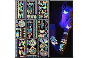 ACWOO Néon Tatouage Temporaires, 9 Feuilles UV Autocollant Phosphorescent, Glow Neon Tattoo, Faux Tatouages Fluorescents Visage Corps