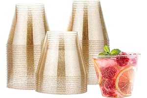 MATANA 60 Verres de Fête en Plastique Dur avec Paillettes Dorées pour Boissons, Champagne, Vin & Desserts (270ml) - Mariages, Anniversaires, Noël, Fêtes - Solide & Réutilisable