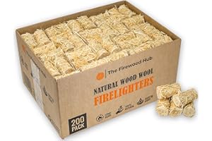 THE FIREWOOD HUB 200 - Natural Eco Wax Coated Wood Wool Firelighters for Safe, Clean and Odorless Ignition of Wood and Log Burners, BBQs, Pizza Ovens, and More - The Perfect Fire Starter For Any Occasion (200)
