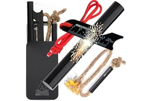 RKR OUTDOOR Flint and Steel Ferro Rod Fire Starter Kit + Tinder Wick Bellow with Box - 4" Length 1/2” Thick Ferro Rod with Multi-Tool Striker and Paracord Lanyard + Hemp Wick with Bellow