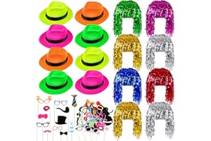 Aodaer 94-Piece Party Set - Funny Neon Gangster Hats, Metallic Foil Tinsel Wigs, Glasses, Photo Booth Props for Adults