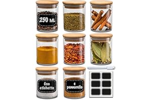Praknu Set Barattoli Spezie Vetro con Coperchi - 8pcs x 250ml - Contenitori Spezie per Cucina - Ermetici - con Etichette - Lavabili in Lavastoviglie - Spezie, Erbe e Tè