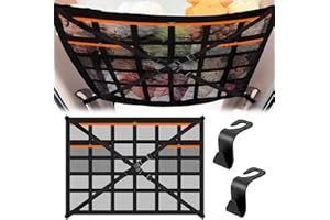 EZVEZS Rete Portaoggetti Auto 90×65cm, Deposito Bagagli Net Soffitto con Cinghie a Croce Regolabili e 3 Tasche con Cerniera, Universale Tetto Interno Borsa Rete Compatibile con SUV, Jeep, Furgoni e Camper