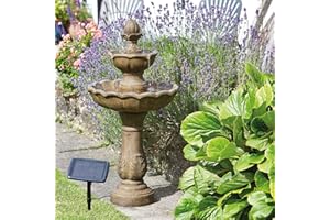 Garden Mile Fuente de agua Kingsbury de 3 niveles en cascada – Fuente de agua de piedra independiente alimentada por energía solar – Adorno de jardín al aire libre decorativo centro de mesa para