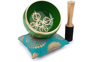 Ajuny Ciotola Tibetana Buddista - Freccia Yin/Yang - Suono di Meditazione Campana OM Verde - Diametro 4 Pollici per Accessori per Rilassamento e Meditazione - Bastone e Cuscino Inclusi