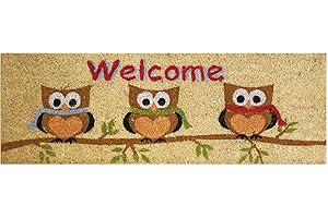 Baroni Home Zerbino da Esterno in Fibra di Cocco con Base in PVC Antiscivolo, Tappeto da Esterno Dipinto a Mano Facile da Pulire e Ultraresistente, Zerbino Ingresso 70x25x2 cm, 3 Gufi Scritta Welcome
