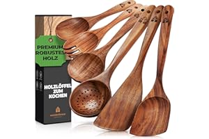 WOODENHOUSE LIFELONG QUALITY Holz Kochbesteck-Set, Pfannenwender Kochlöffel Rührlöffel Servierlöffel Salatgabel Schaumlöffel – 6-teiliges-Set – Kochgeschirr-Set Küchenset Küchenzubehör – hochwertig & nachhaltig