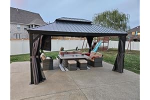 PURPLE LEAF Tonnelle de Jardin Exterieur 4,6 x 4 m Pergola Aluminium avec Moustiquaire et Rideaux Pavillon de Jardin à Double Toit Acier Galvanisé, Gris