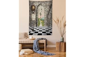 ABAKUHAUS Alicia Tapiz de Pared y Cubrecama Suave, Bienvenido al País de Las Maravillas Piso Blanco y Negro Paisaje Hongos Faroles, Estampado Digital Vívido, 110 x 150 cm, Multicolor