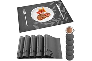 Miorkly Placemats and Coasters Sets of 6 Weaving Table Mats Resistant Washable Non-slip PVC Christmas Table Place Mats and Coaster Sets for Home Restaurant,Black Leaf