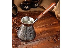 AEVVV 20 Oz Copper Turkish Greek Arabic Engraved Coffee Pot Stovetop Coffee Maker Cezve Ibrik Briki with Wooden Handle
