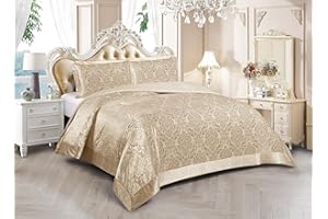 PRIME LINENS Luxury 3 Piece Velvet Quilted Bedspread Damask Bed Throw Comforter Bedding Set with 2 Pillow Shams EMILIA Super Soft (Beige, Super King)